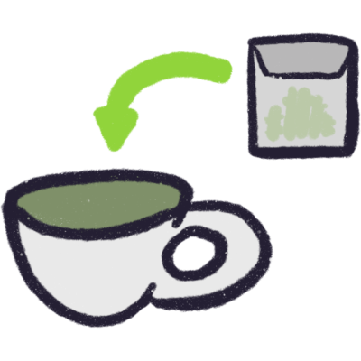 A sugar package with a green arrow pointing to a cup with green liquid inside.